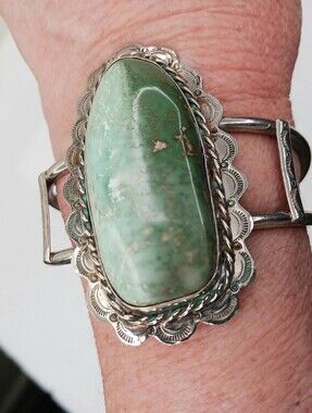Cuff Bracelet 925 Royston 50mm Turquoise Green 48.6g Native American Signed VTG